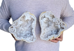 Large 7" Saw Cut Geode Halves | Moroccan Druzy Crystals Quartz Display w/ Stands
