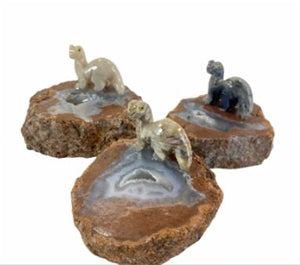 Soap Stone Brontosaurus Dinosaur on cut Mexican Brown Agate Geode